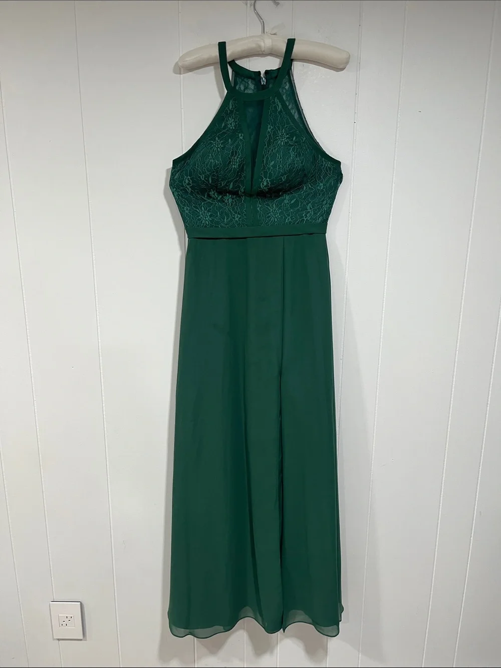 Azazie Emerald Green High-Neck Lace Bodice Maxi A4